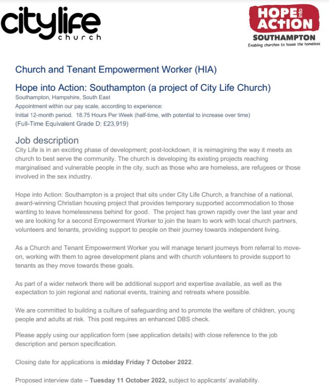 Hope into Action vacancy
